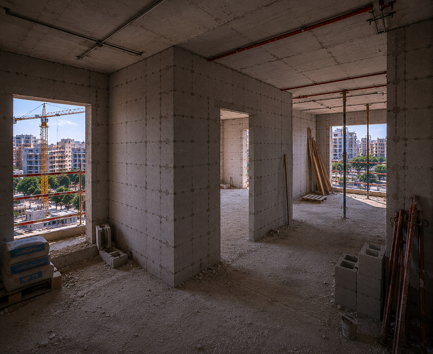 Interior em betão, grua à vista.